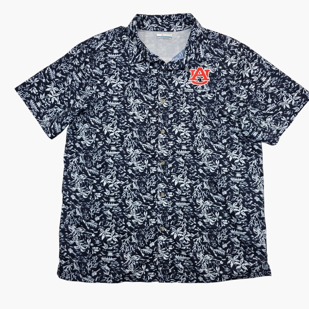 Columbia PFG Auburn Tigers Shirt Mens L Navy Tropical Island Fishing Button Up